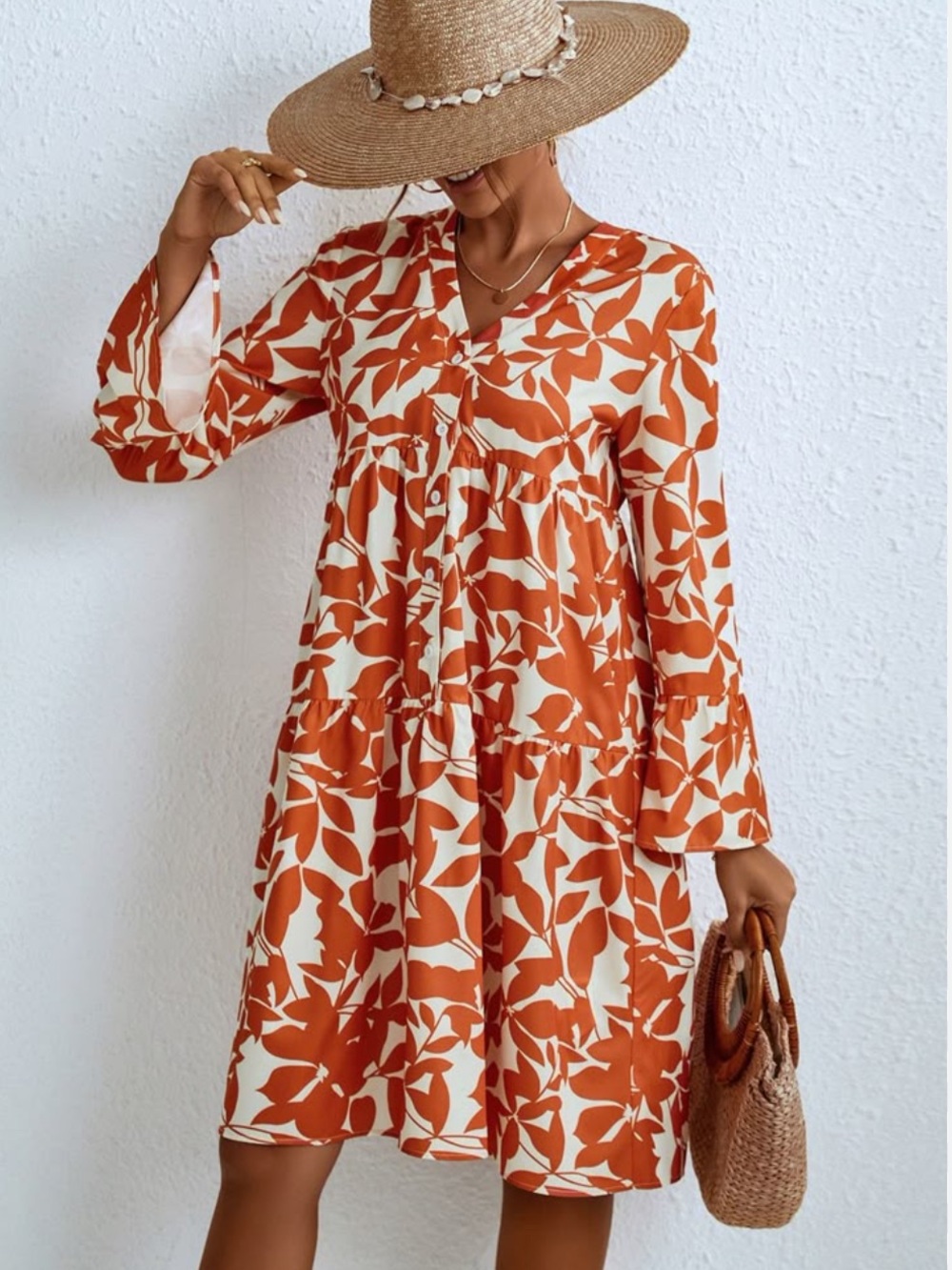 SHEIN Orange and Cream Floral Tiered Button-Front Midi Dress ladies XL
